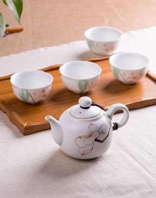 茶人嶺·花開見禪 禪定手繪白瓷茶具茶盤6件套鑒賞