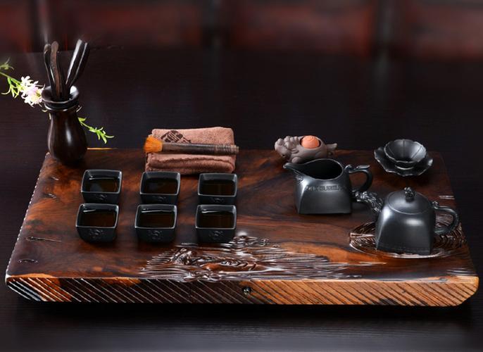 言藝 茶具套裝 整版黑檀木實(shí)木茶盤配紫砂功夫茶具套裝